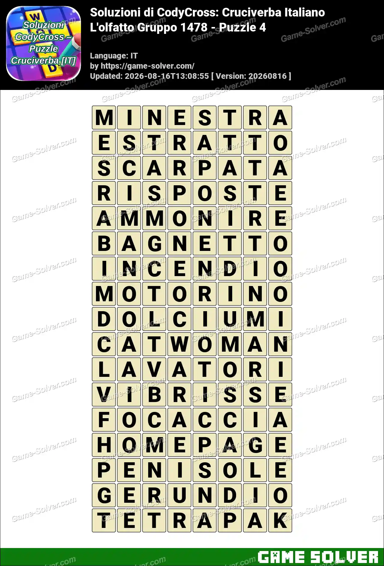 Soluzioni di CodyCross: Cruciverba Italiano L’olfatto Gruppo 1478 – Puzzle 4